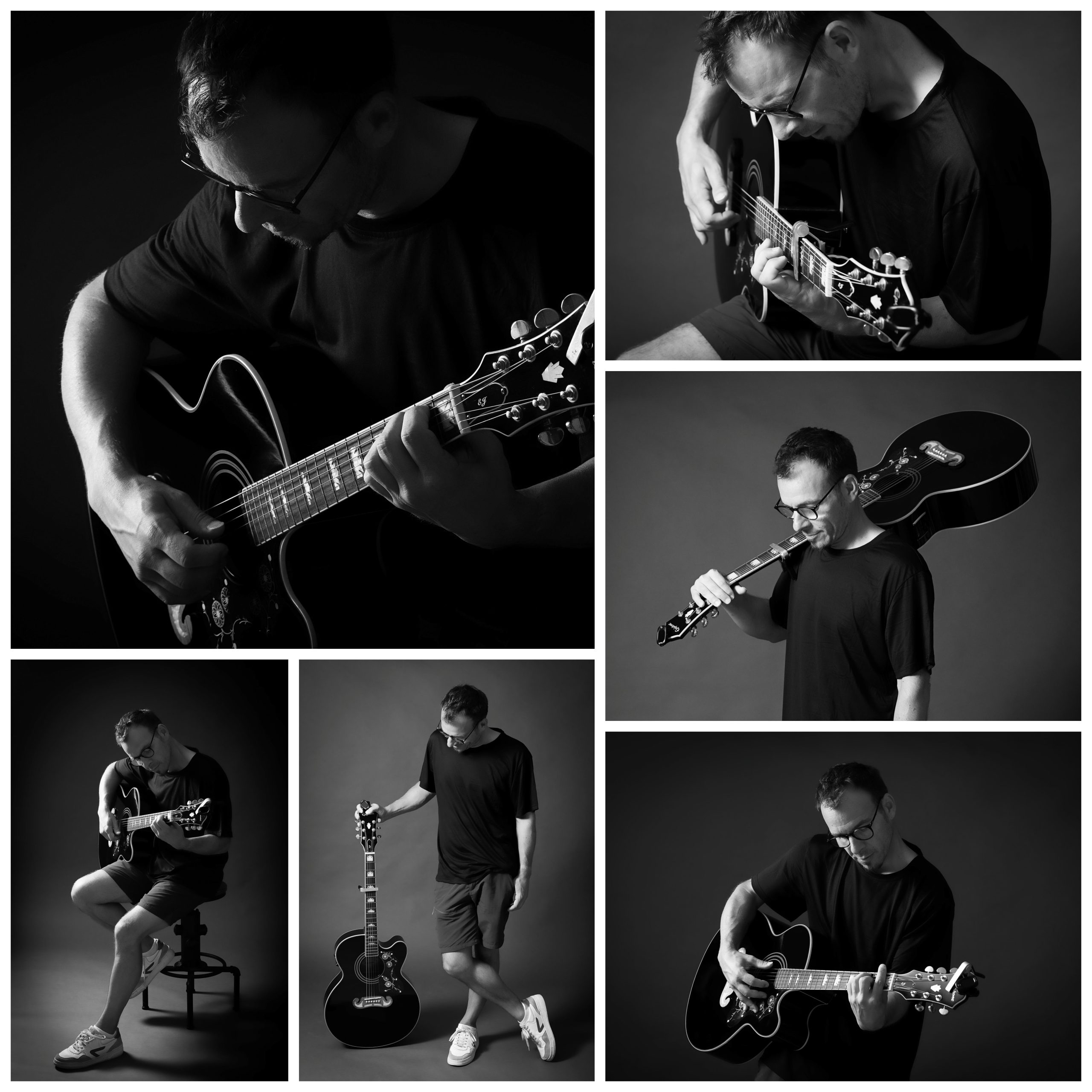 Photo de guitariste en noir et blanc