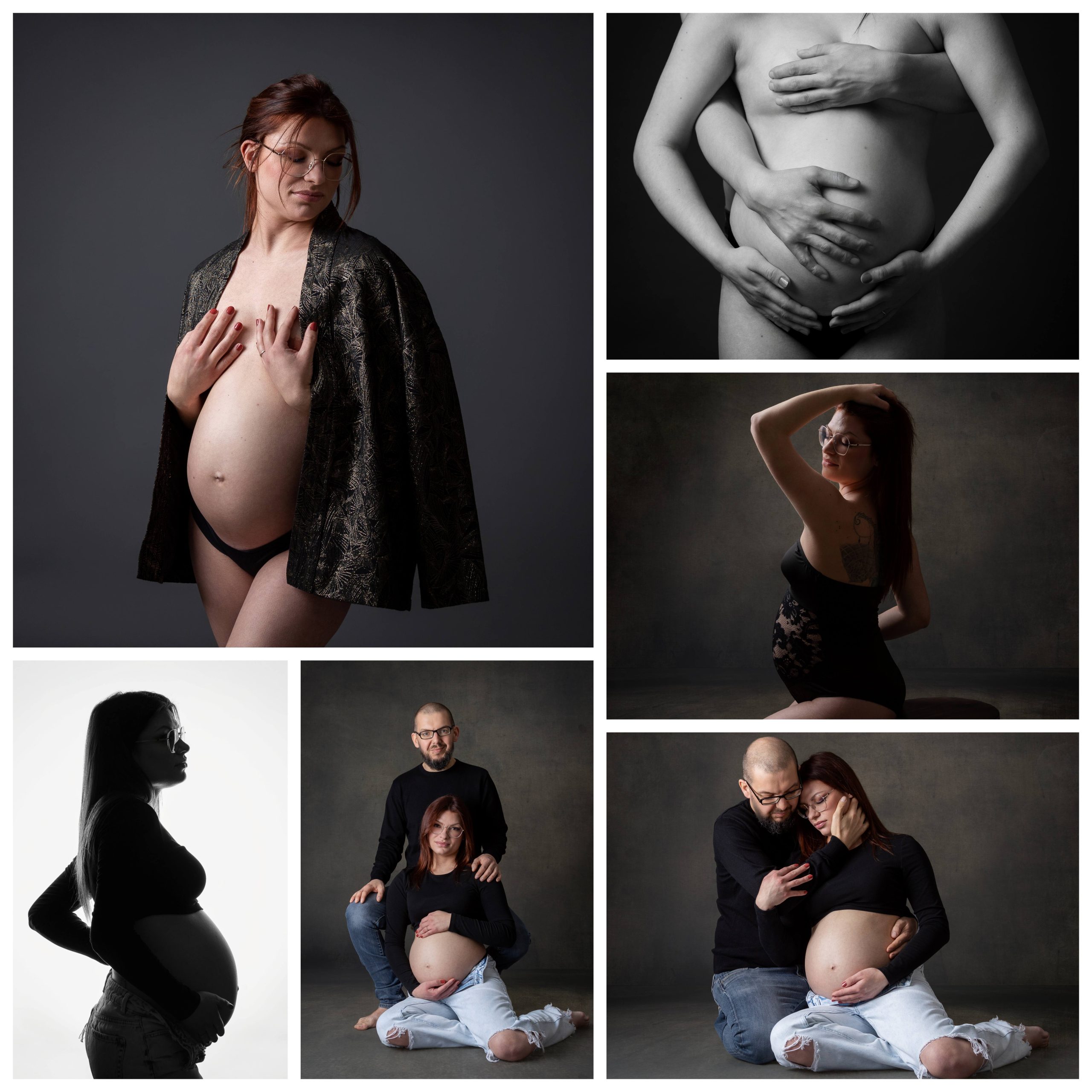 séance grossesse au studio des petits moineaux femme enceinte en veste chic avec le futur papa